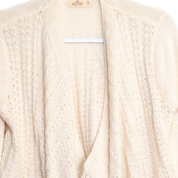 Hollister Size M Fringe Trim Open Draped Knit Cardigan Sweater Soft Cream Textur - Picture 3 of 8